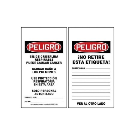 Accuform Spanish Safety Tags, DANGER RESPIRABLE CRYSTALLINE SILICA, 5.75in x 3.25in, PF-Cardstock, 25PK SHMDT130CTP